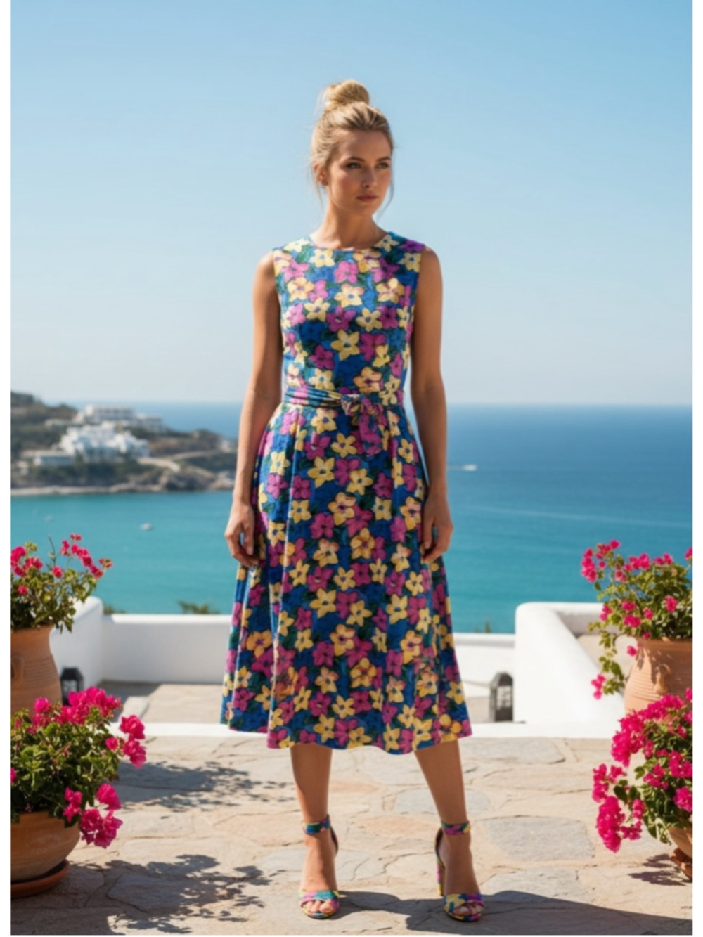 Talbots Floral Sleeveless Dress Size 14 Blue Pink Yellow